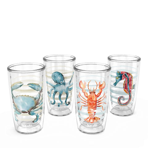 Tervis front view of the 4-pack showing assorted Atlantica designs and durable finish