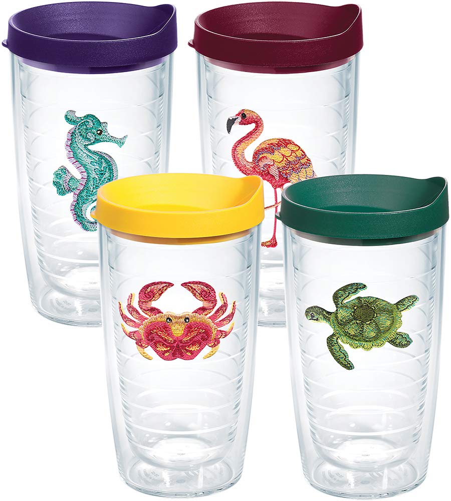 Tervis front view of tropical animal tumbler showing colorful design and 16 oz capacity benefit
