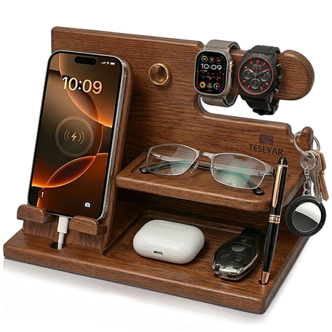 TESLYAR front view showing neat phone and accessory storage benefit organization