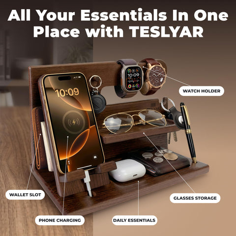 TESLYAR on a nightstand with phone and lamp showing clutter reduction benefit