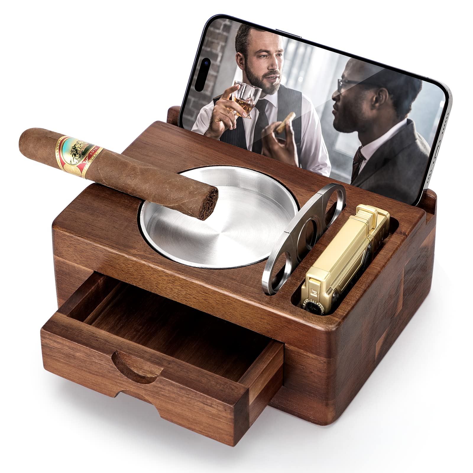 Tesonway wooden ashtray front view showing organized features and elegant finish