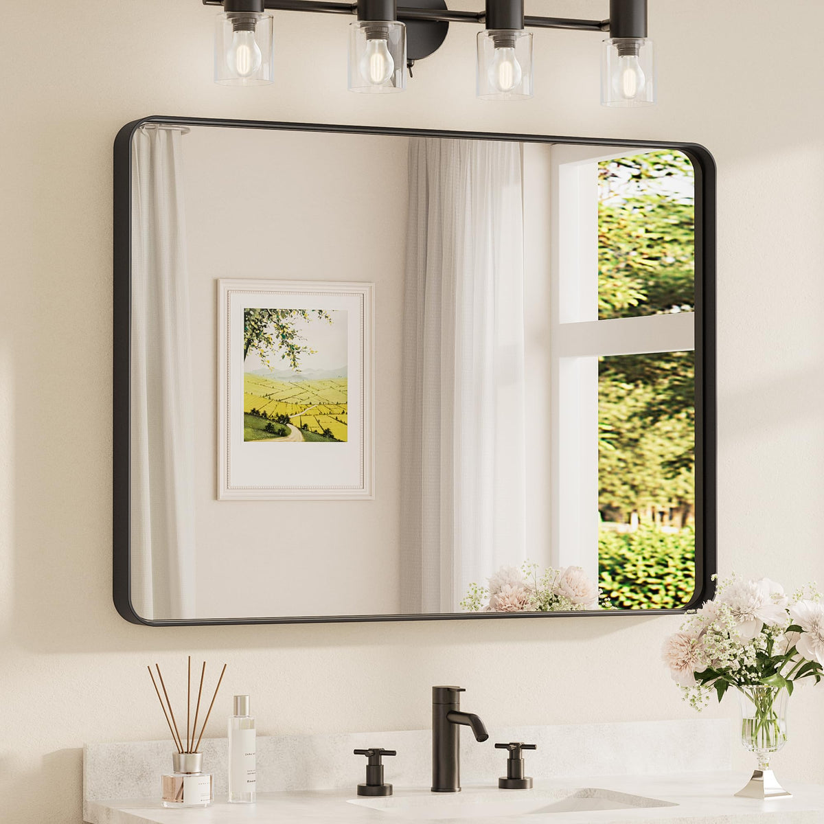 TETOTE front view of matte black framed mirror showing clean silhouette and benefit of modern style
