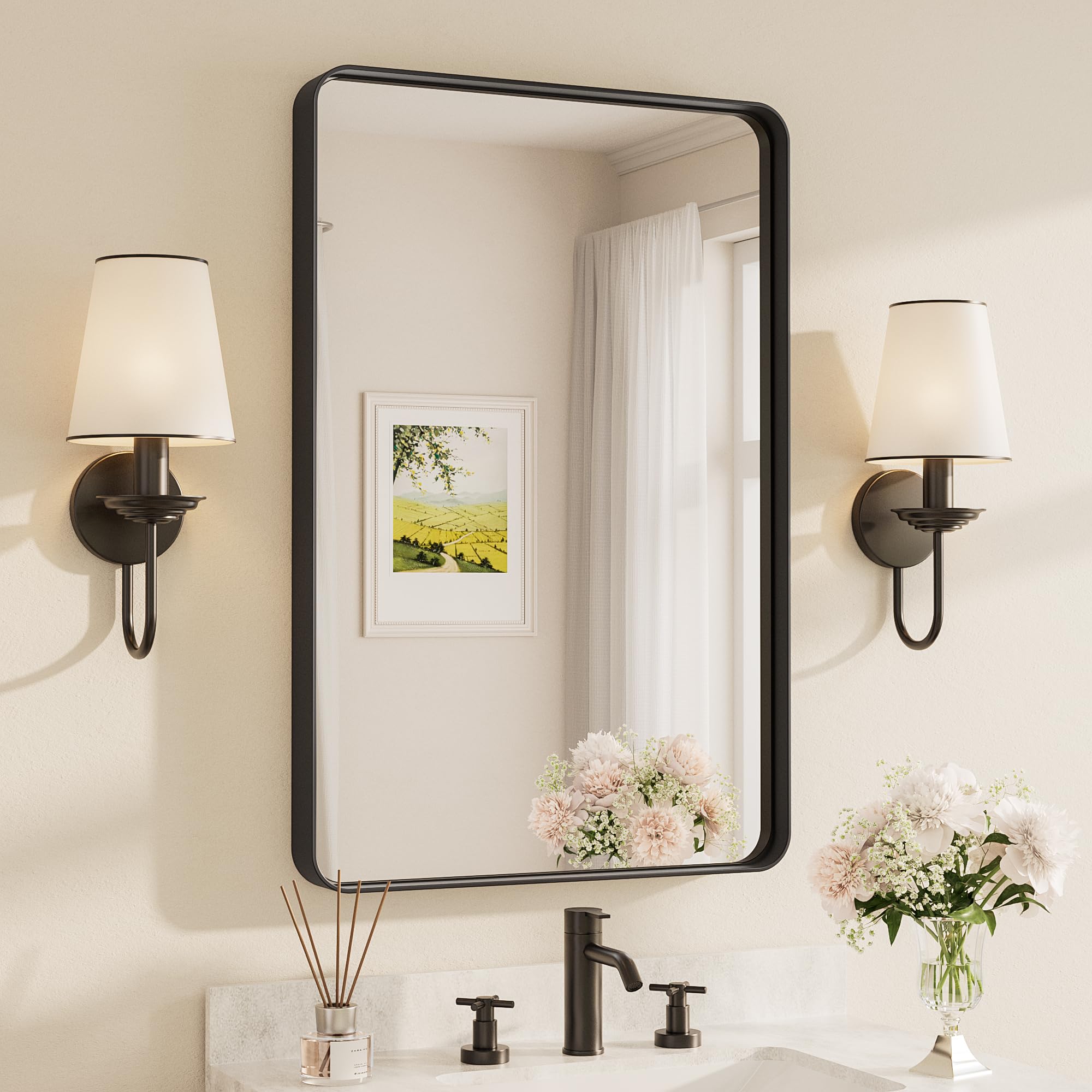 TETOTE front view of matte black framed mirror showing clean farmhouse style and clarity