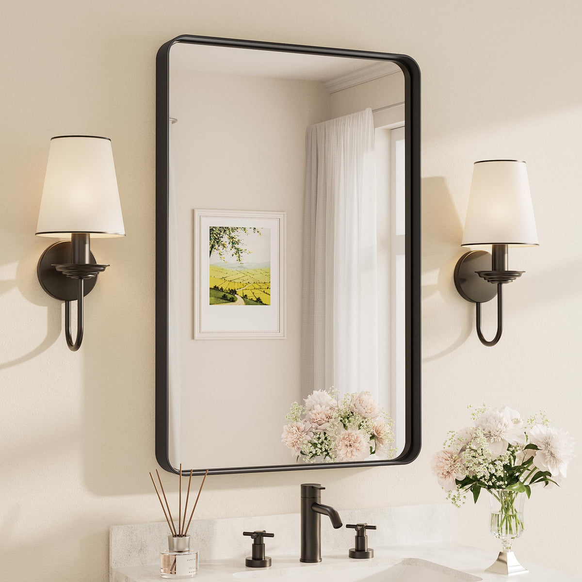 TETOTE front view of matte black framed mirror showing clean farmhouse style and clarity