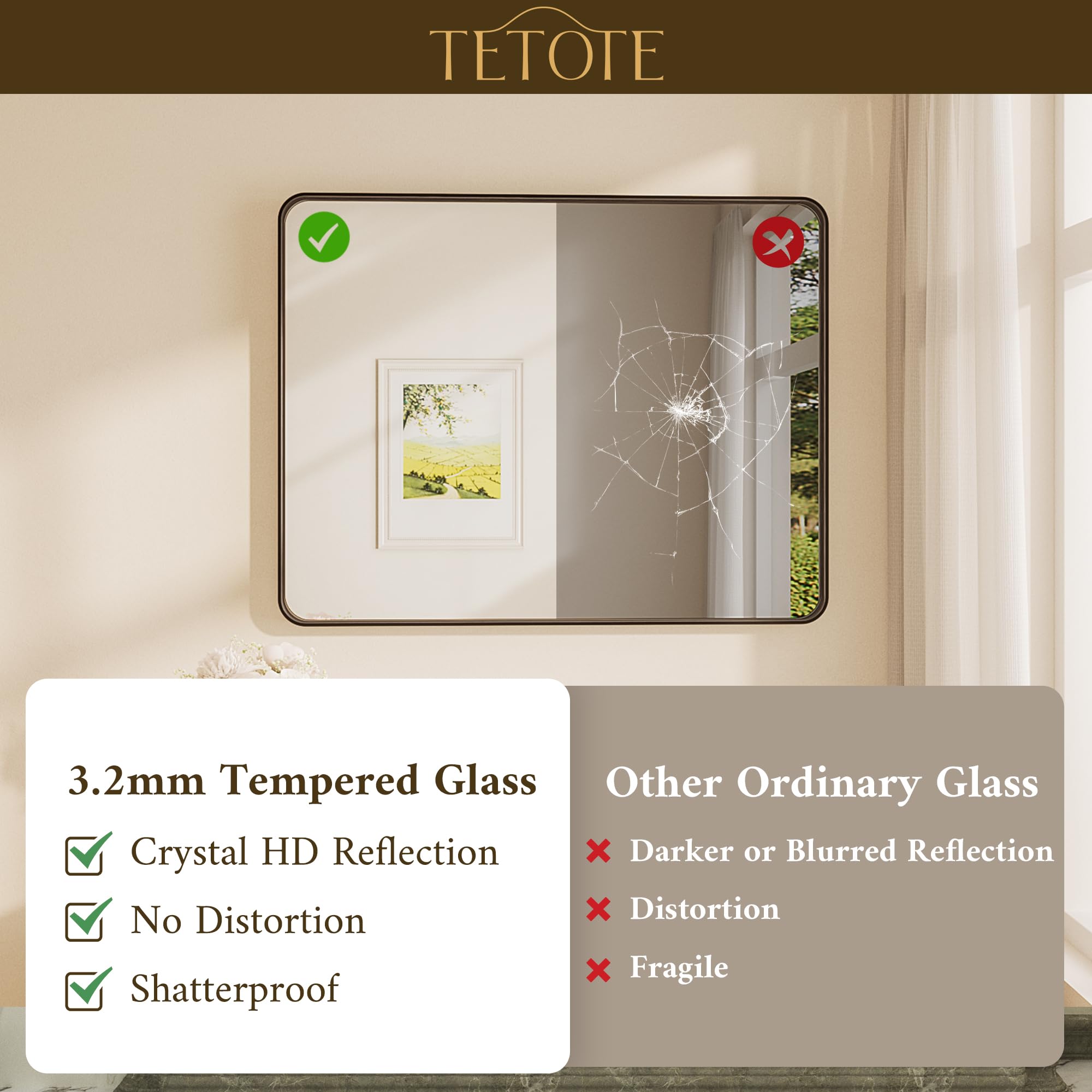 TETOTE mirror mounted horizontally above bathroom vanity showing practical grooming benefit