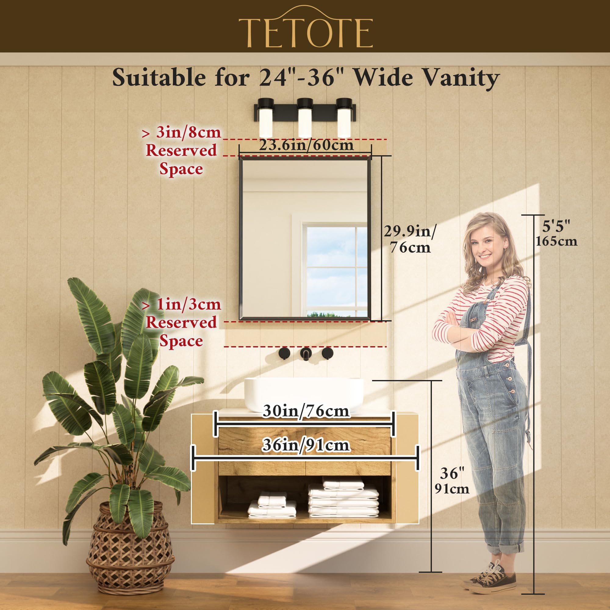 TETOTE mounted over sink in bathroom illustrating practical vanity placement