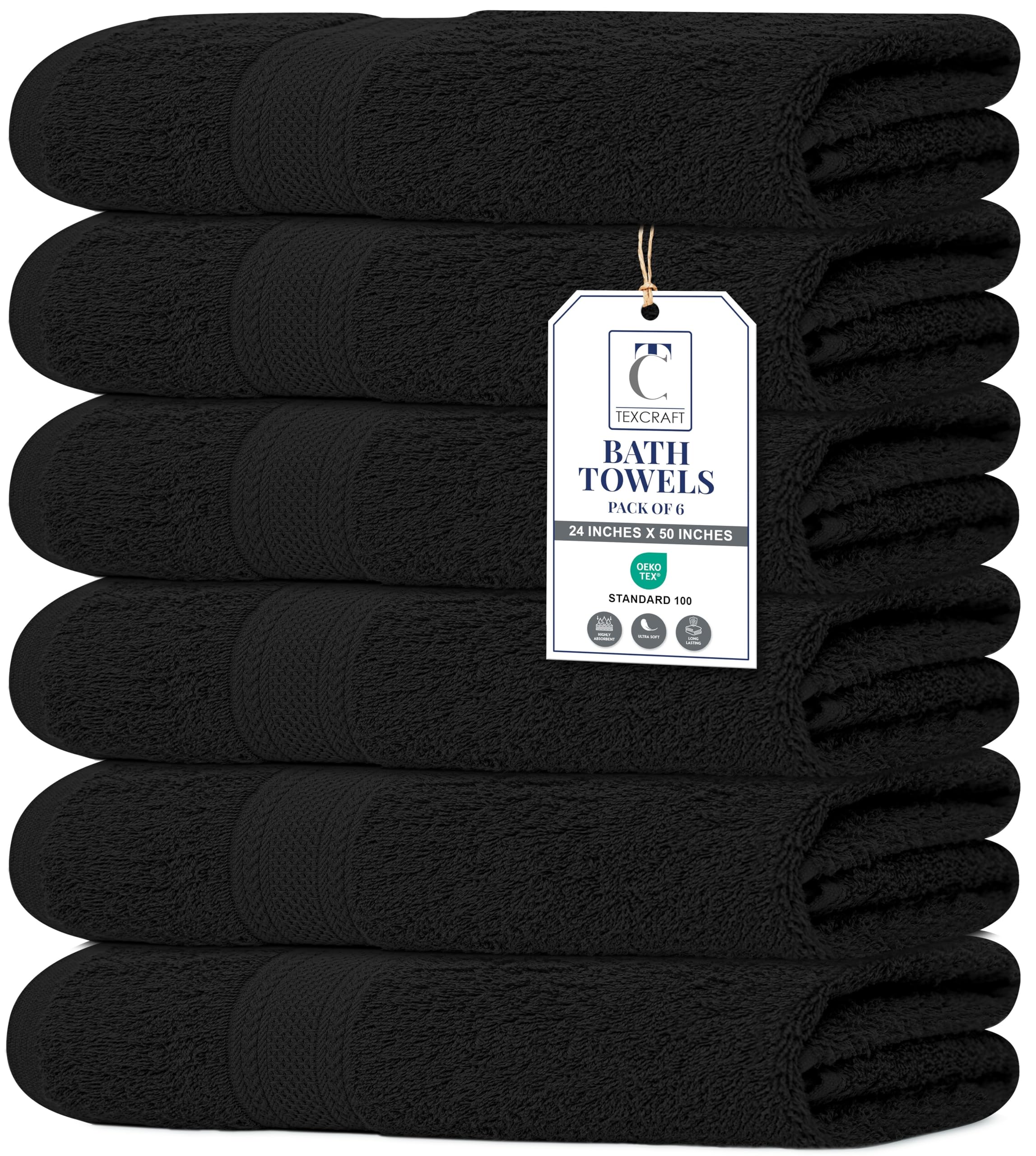 TEXCRAFT front view of six black towels showcasing set durability