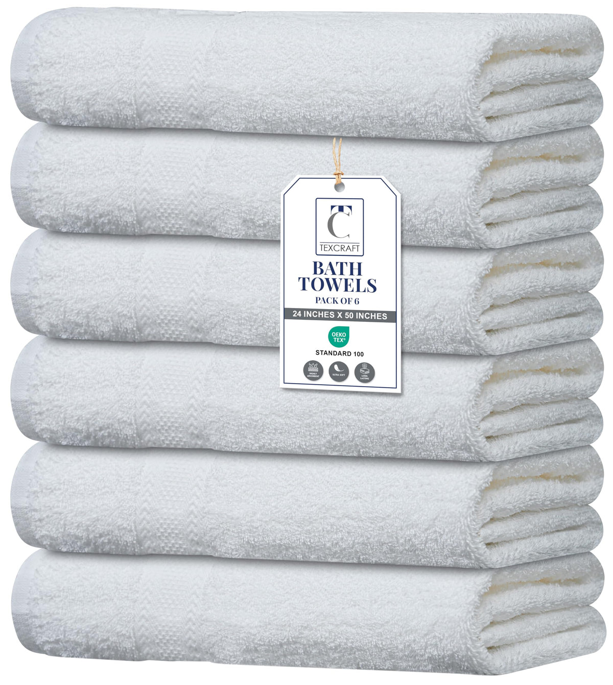 TEXCRAFT front view of six white towels showing neat stack and clean look