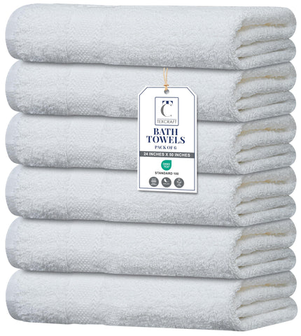 TEXCRAFT front view of six white towels showing neat stack and clean look