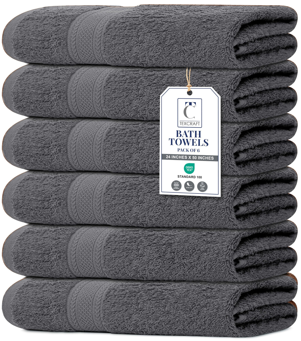 TEXCRAFT front packaging showing six charcoal grey towels and compact storage benefit