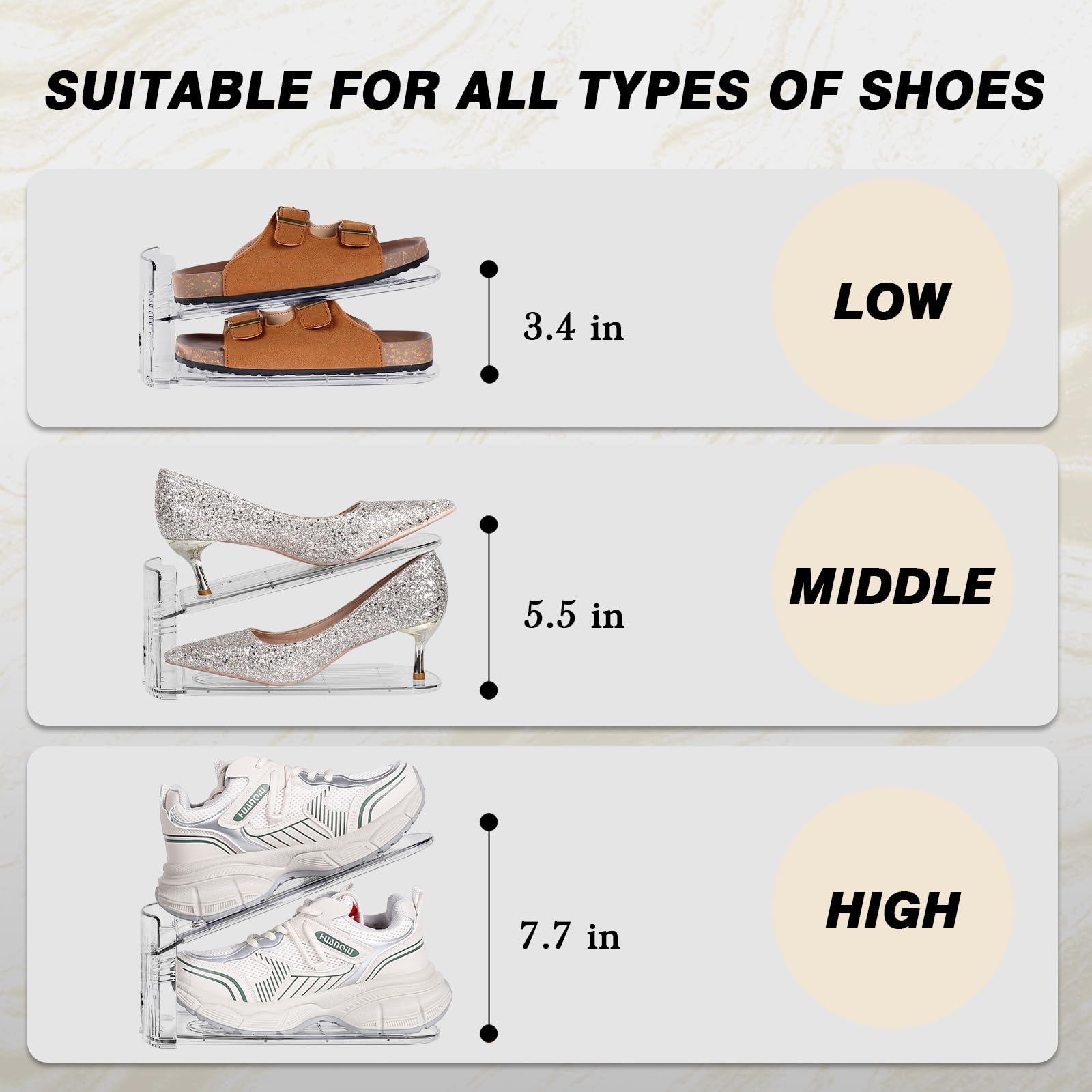 Tgzwme side view showing three adjustable height settings for diverse shoes