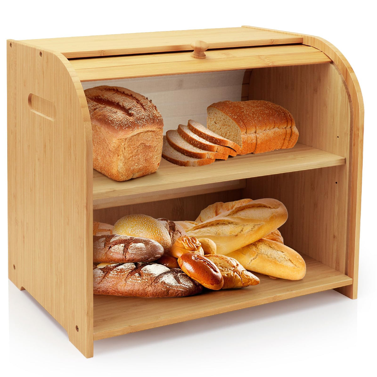 Thalomely front view showing compact two-layer storage and tidy countertop benefit
