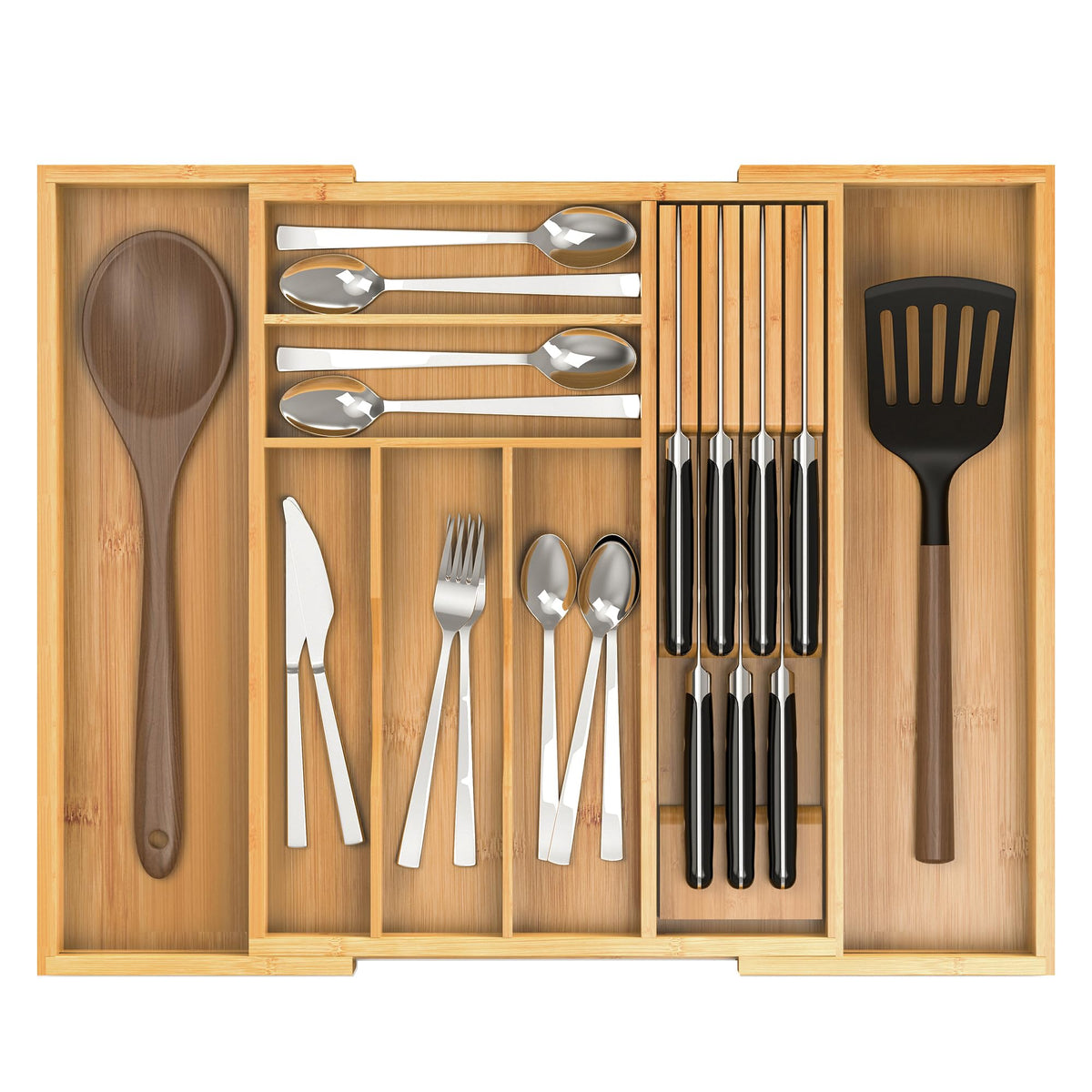 Thalomely front view expanded showing organized utensils and space-saving benefit