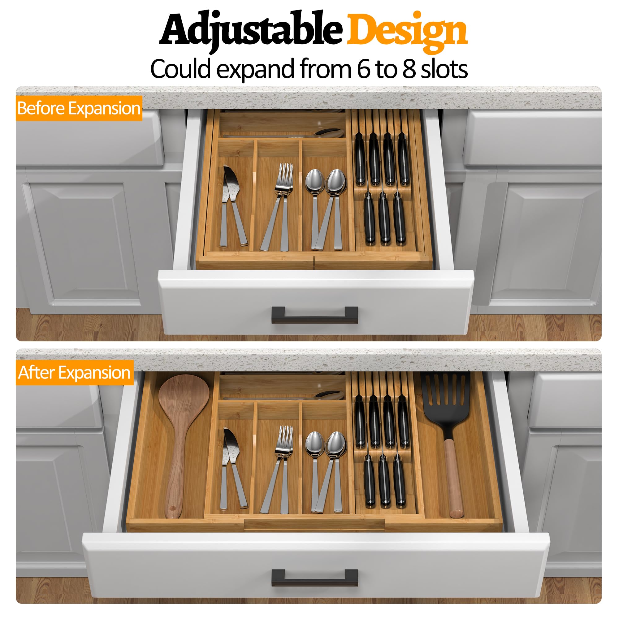 Thalomely knife block close-up with silicone pads protecting blades and drawer
