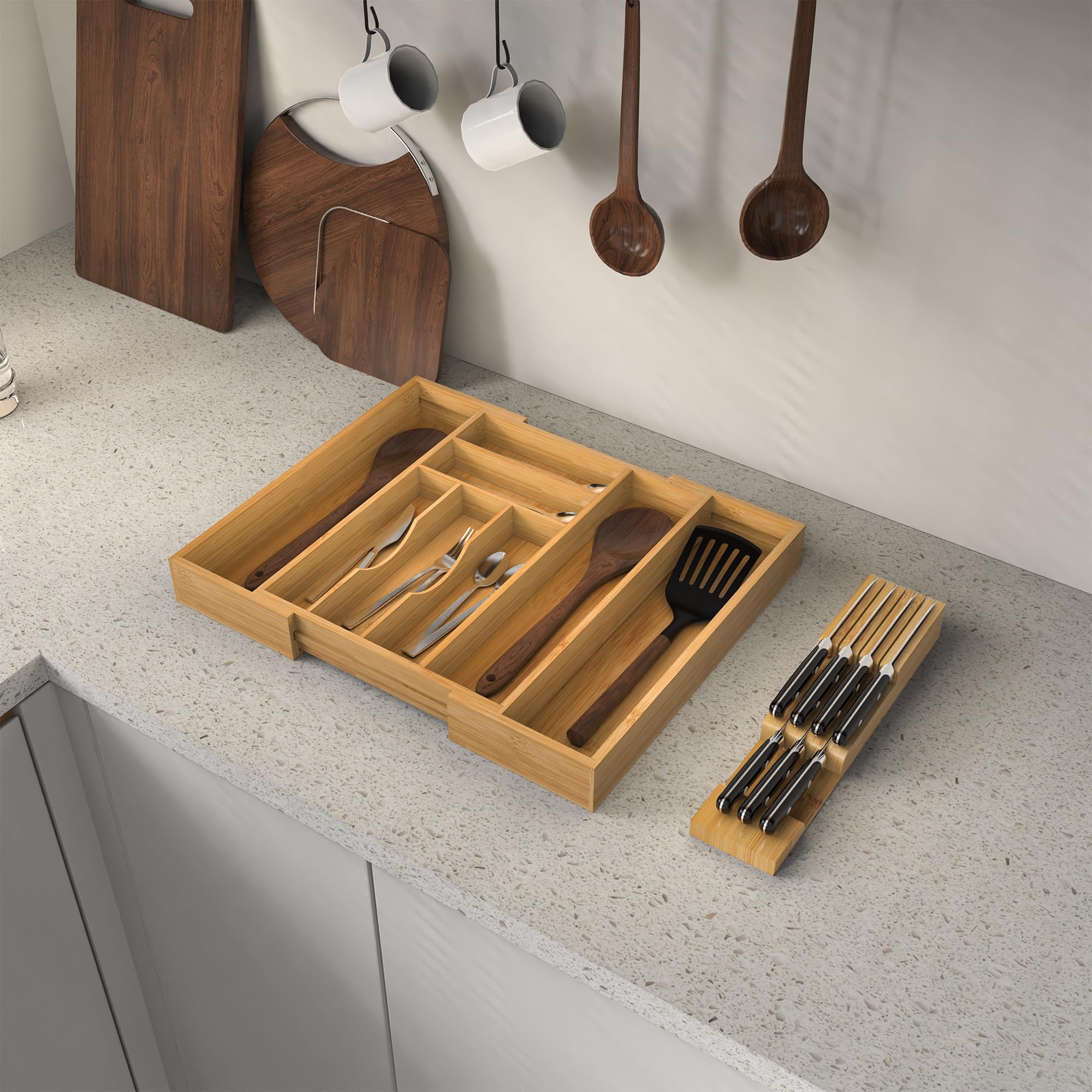 Thalomely on kitchen counter portraying neat organization and natural bamboo look