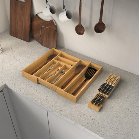 Thalomely on kitchen counter portraying neat organization and natural bamboo look