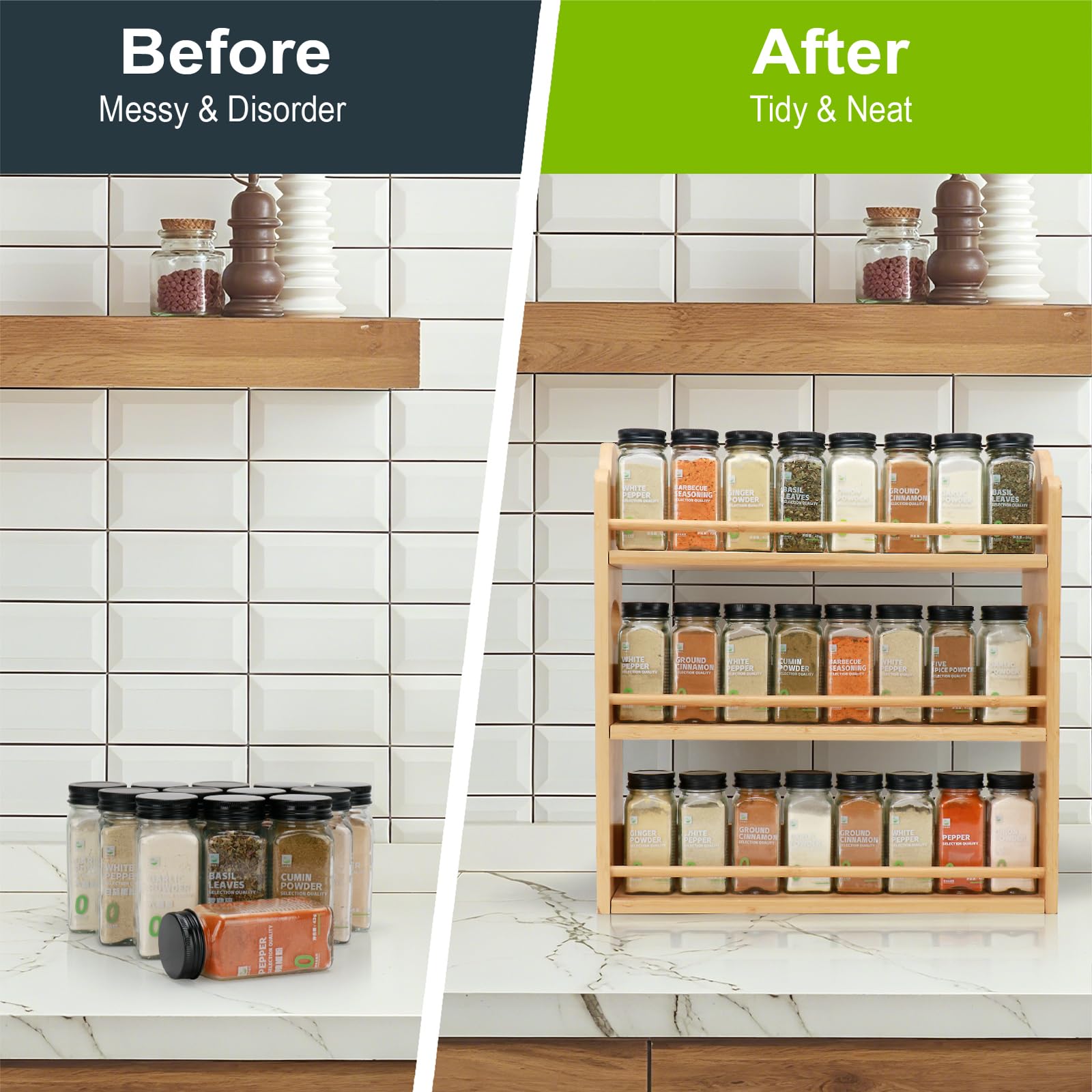 Thalomely mounted on kitchen wall saving counter space and securing jars