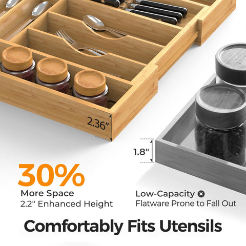 Thalomely slot depth detail showing deeper compartments for secure utensil storage