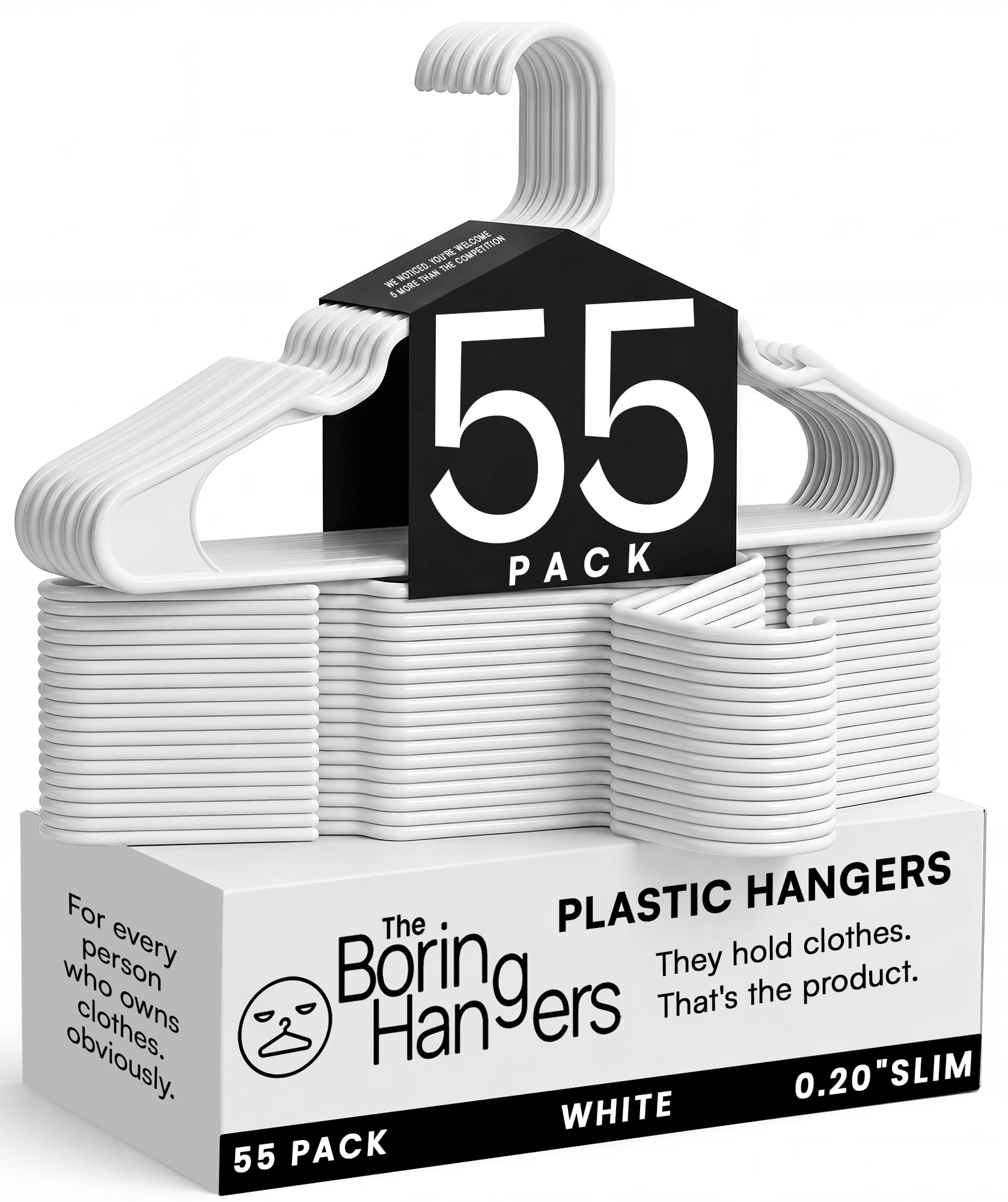The Boring Hangers front pack of 55 white hangers showing value and uniformity