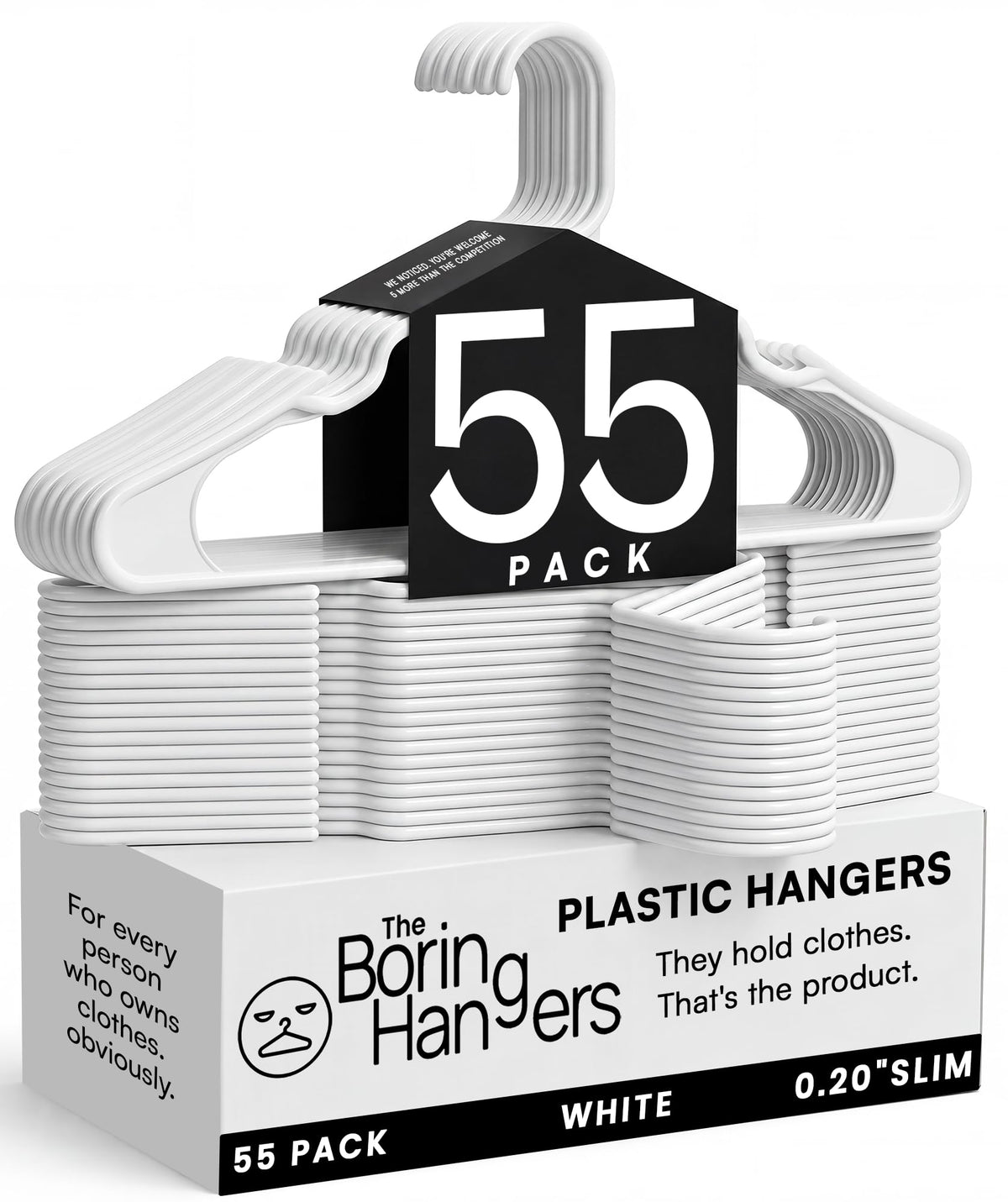The Boring Hangers front pack of 55 white hangers showing value and uniformity