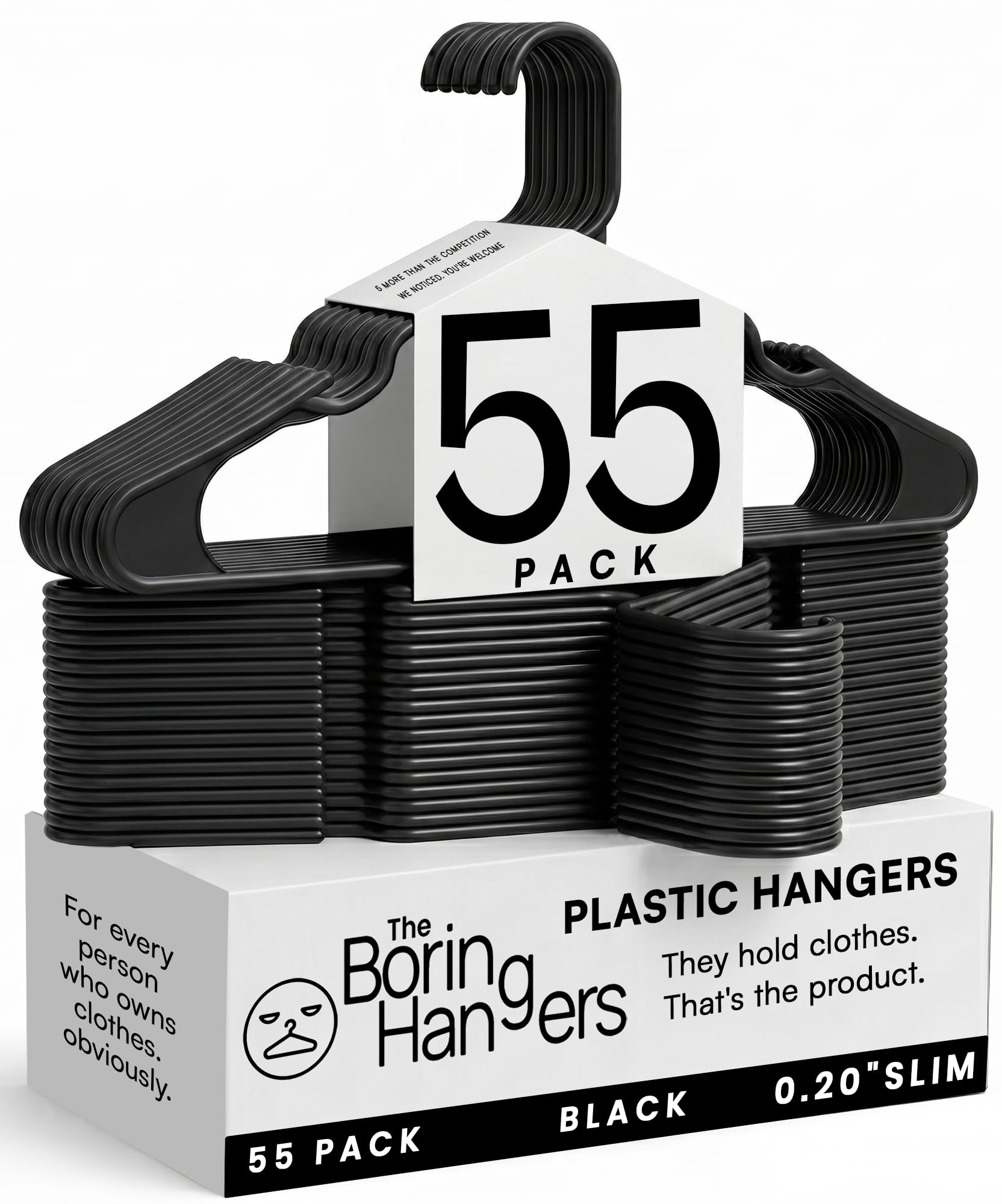 The Boring Hangers front pack showing 55 black hangers for a uniform closet
