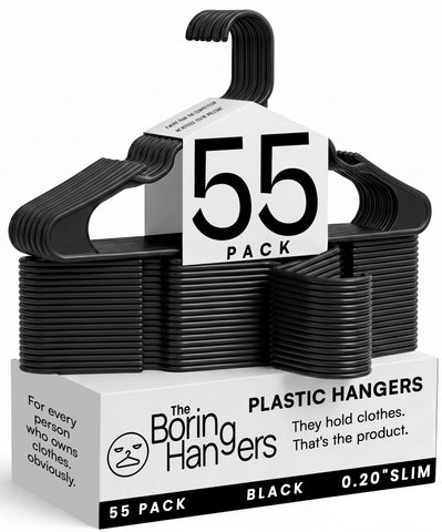 The Boring Hangers front pack showing 55 black hangers for a uniform closet