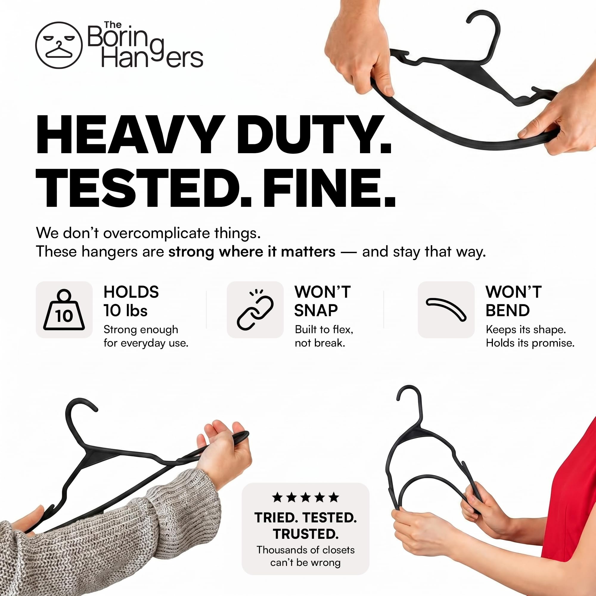 The Boring Hangers holding a suit jacket to show heavy-duty support