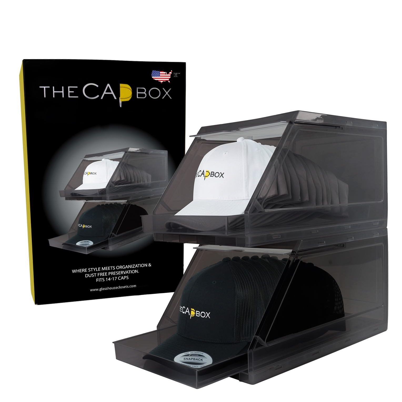THE CAP BOX front view showing clear two-pack packaging and neat cap display