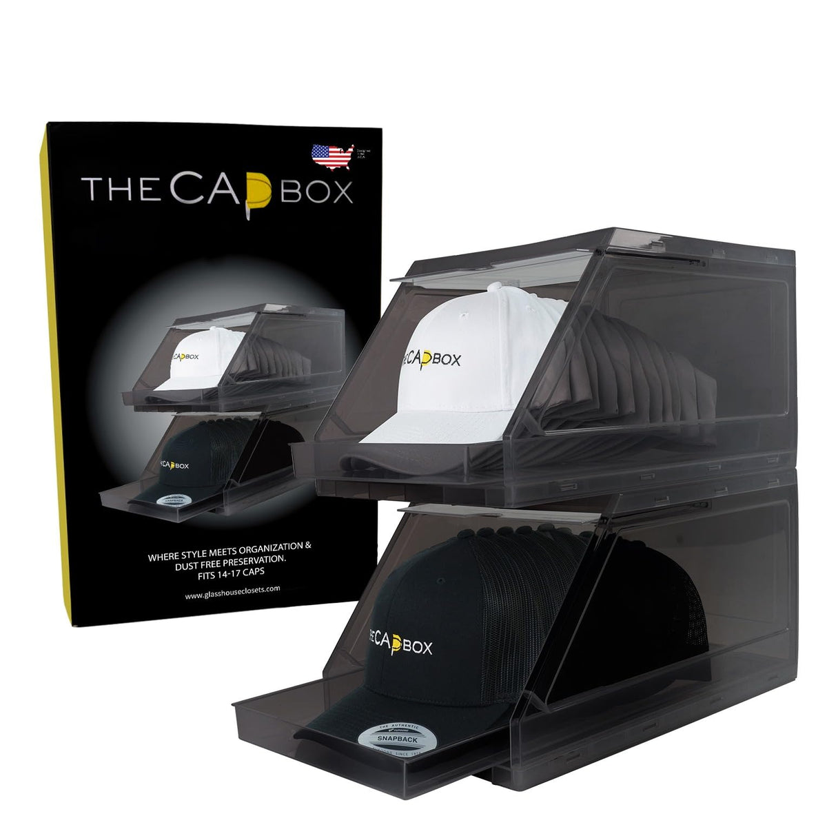 THE CAP BOX front view showing clear two-pack packaging and neat cap display