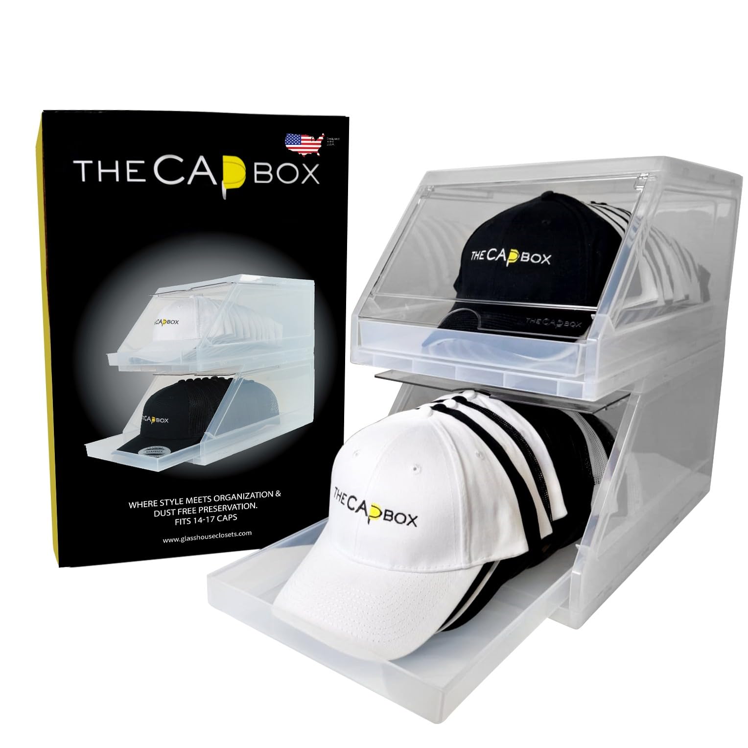 THE CAP BOX front packaging showing clear two-pack and organized caps benefit visibility