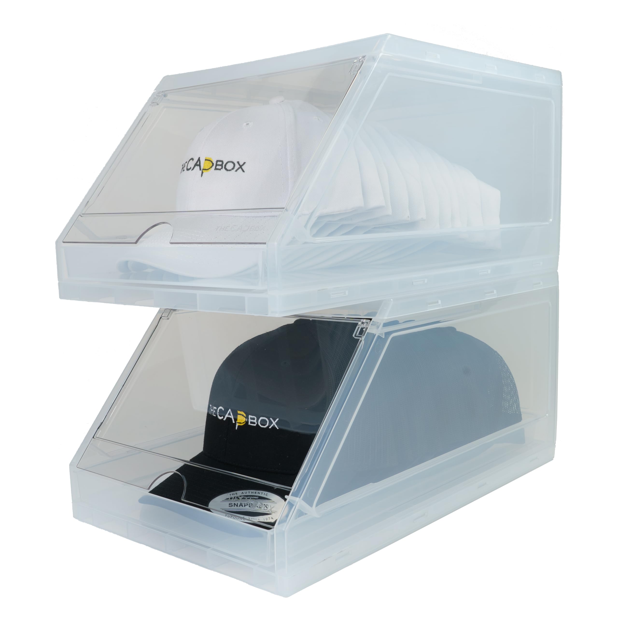 THE CAP BOX in use as person selects a cap for quick outfit coordination