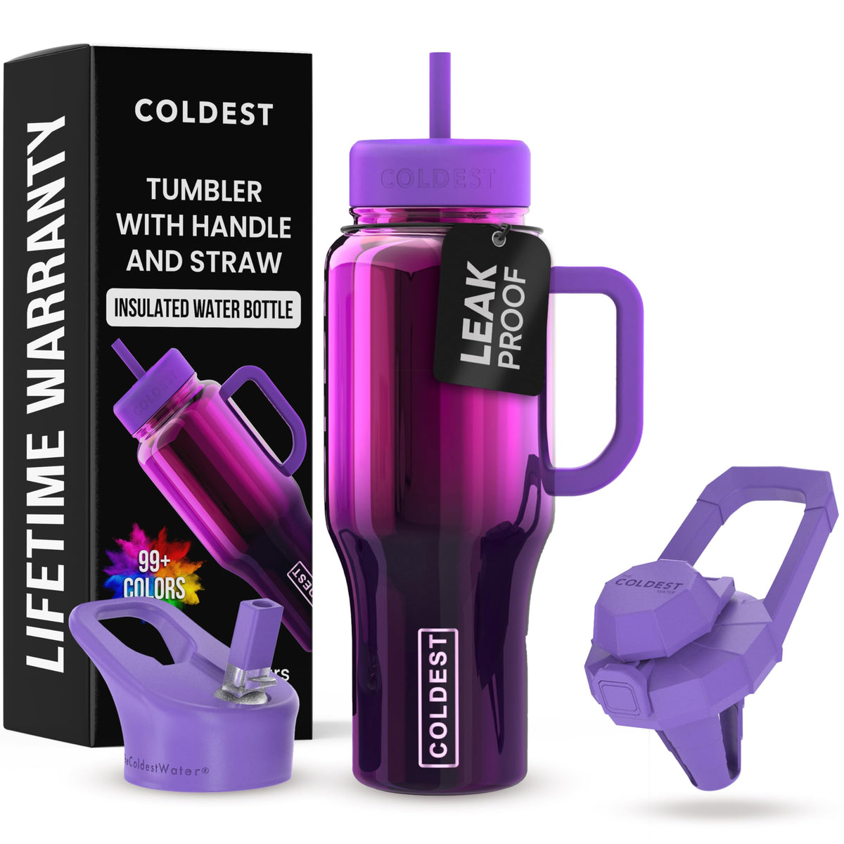 The Coldest Water 36oz Purple Nova front view showing design and capacity, showcasing durability