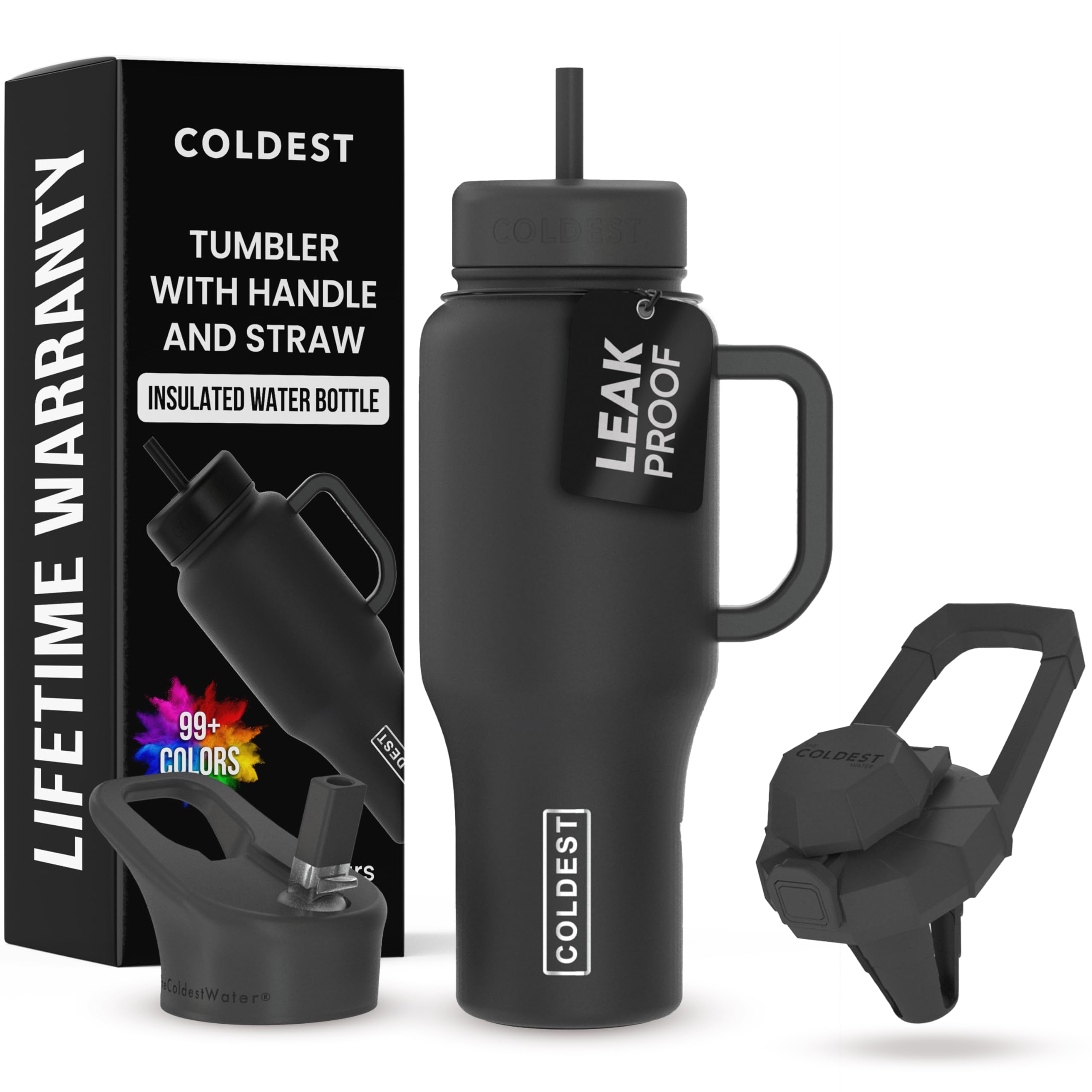 The Coldest Water front view in stealth black showing durable design and secure lid