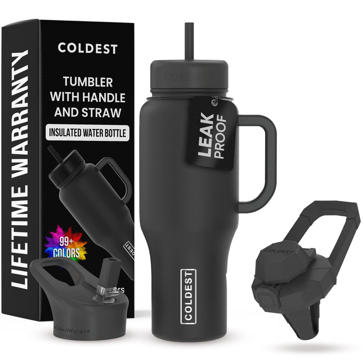 The Coldest Water front view in stealth black showing durable design and secure lid