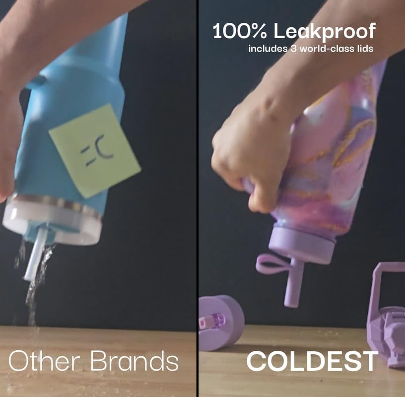 The Coldest Water three lids laid out to show sip, flip-top, and chug options