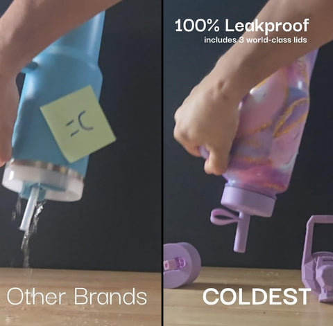 The Coldest Water three lids laid out to show sip, flip-top, and chug options