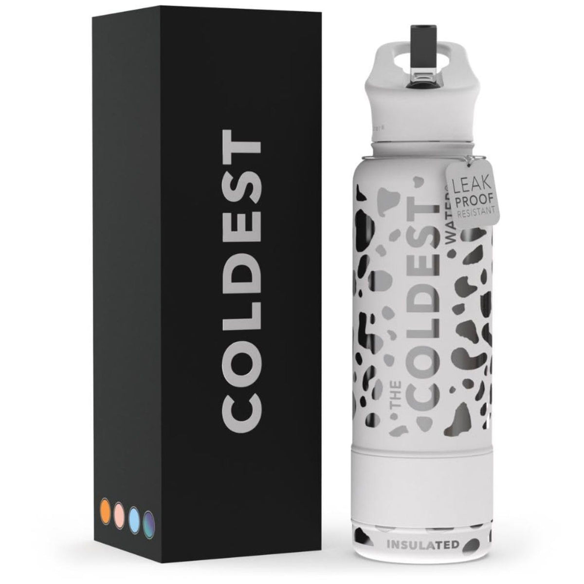 The Coldest Water silver leopard bottle front view showing durable design and large capacity