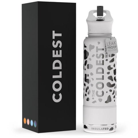 The Coldest Water silver leopard bottle front view showing durable design and large capacity
