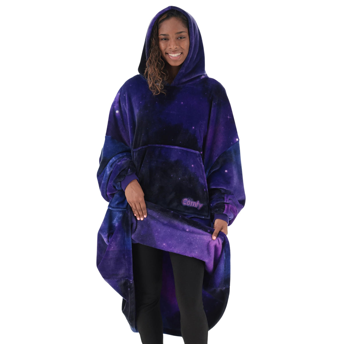 THE COMFY Dream front view showing oversized fit and hood for cozy mobility