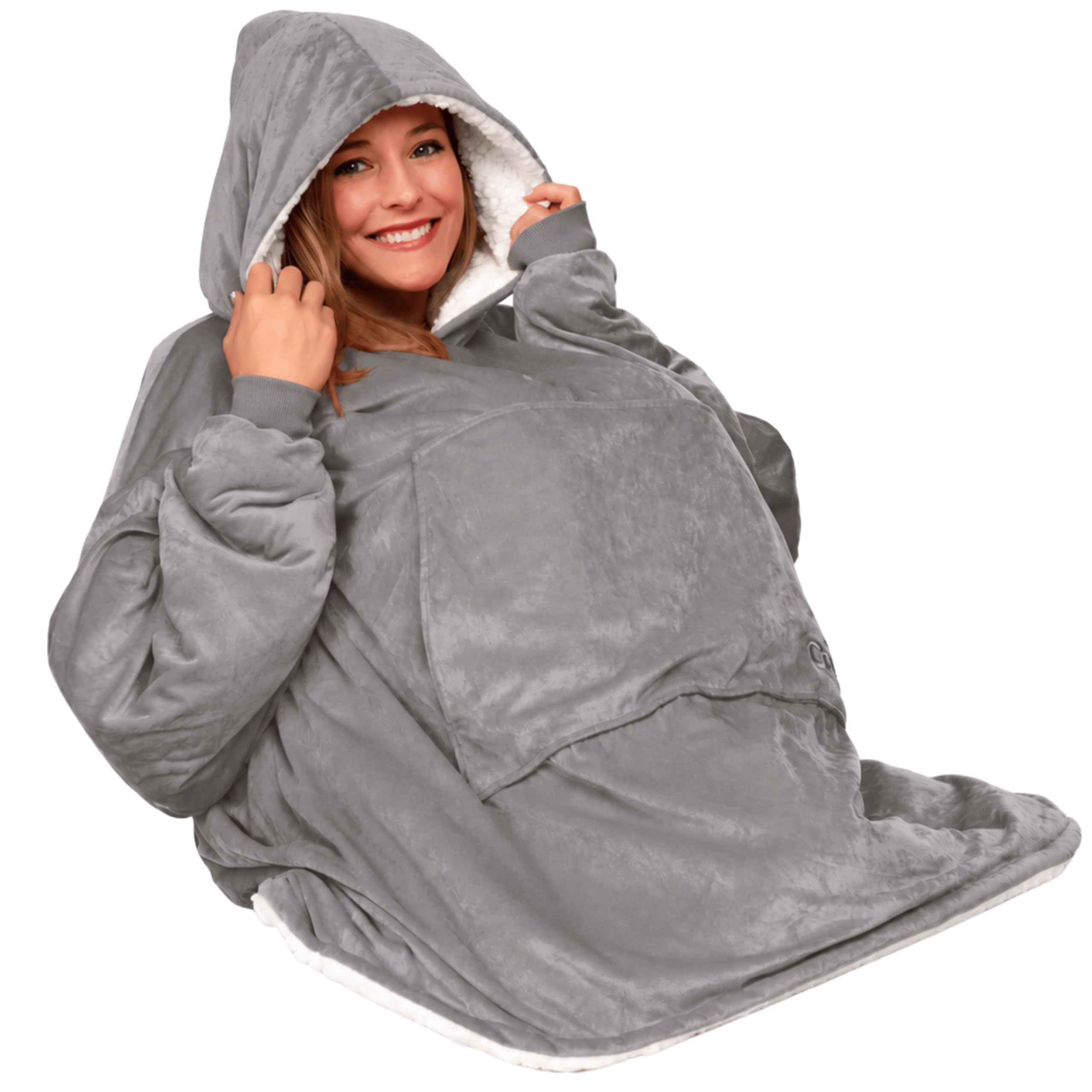 THE COMFY front view hooded wearable blanket showing cozy coverage and mobility