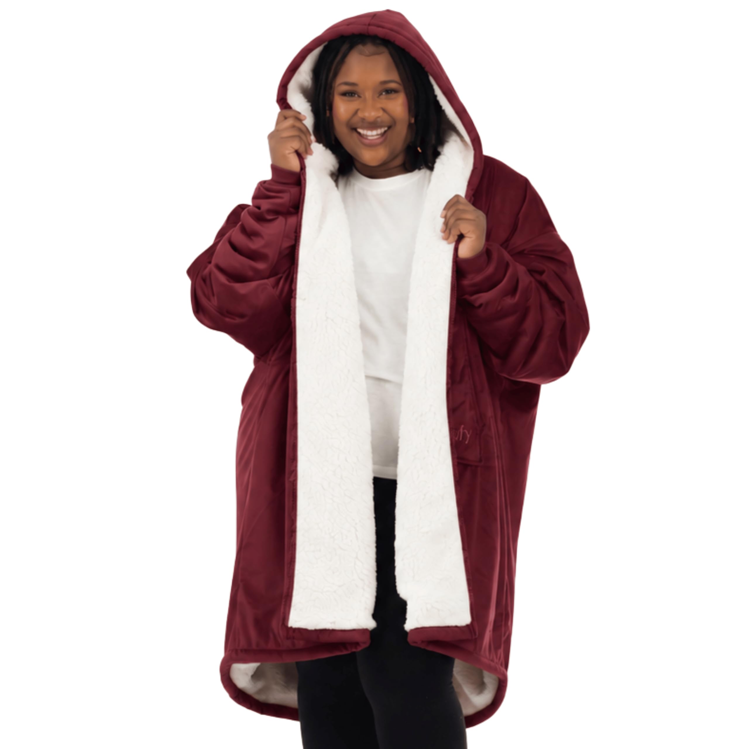THE COMFY front view showing full-zip hoodie and oversized fit for all-day warmth