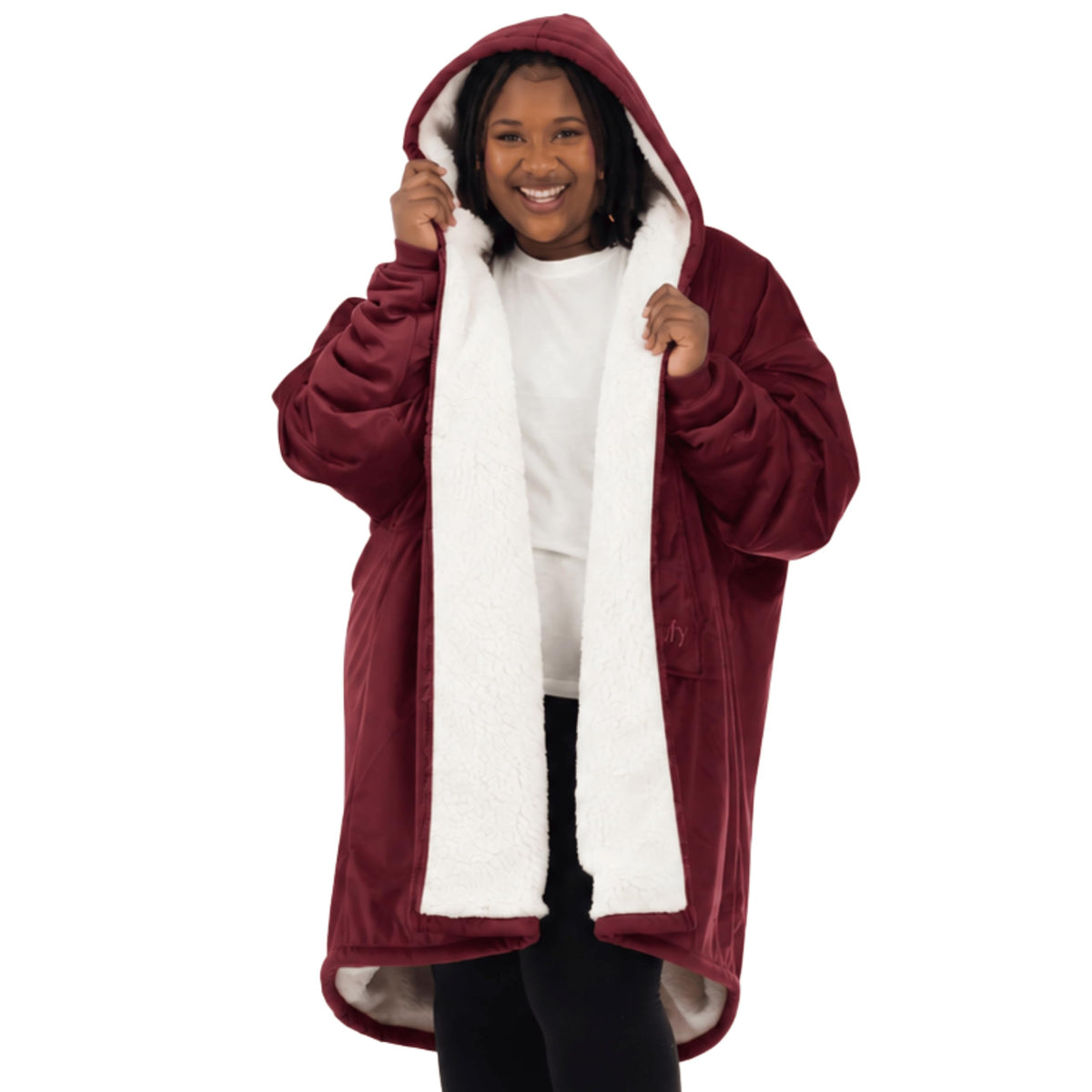 THE COMFY front view showing full-zip hoodie and oversized fit for all-day warmth