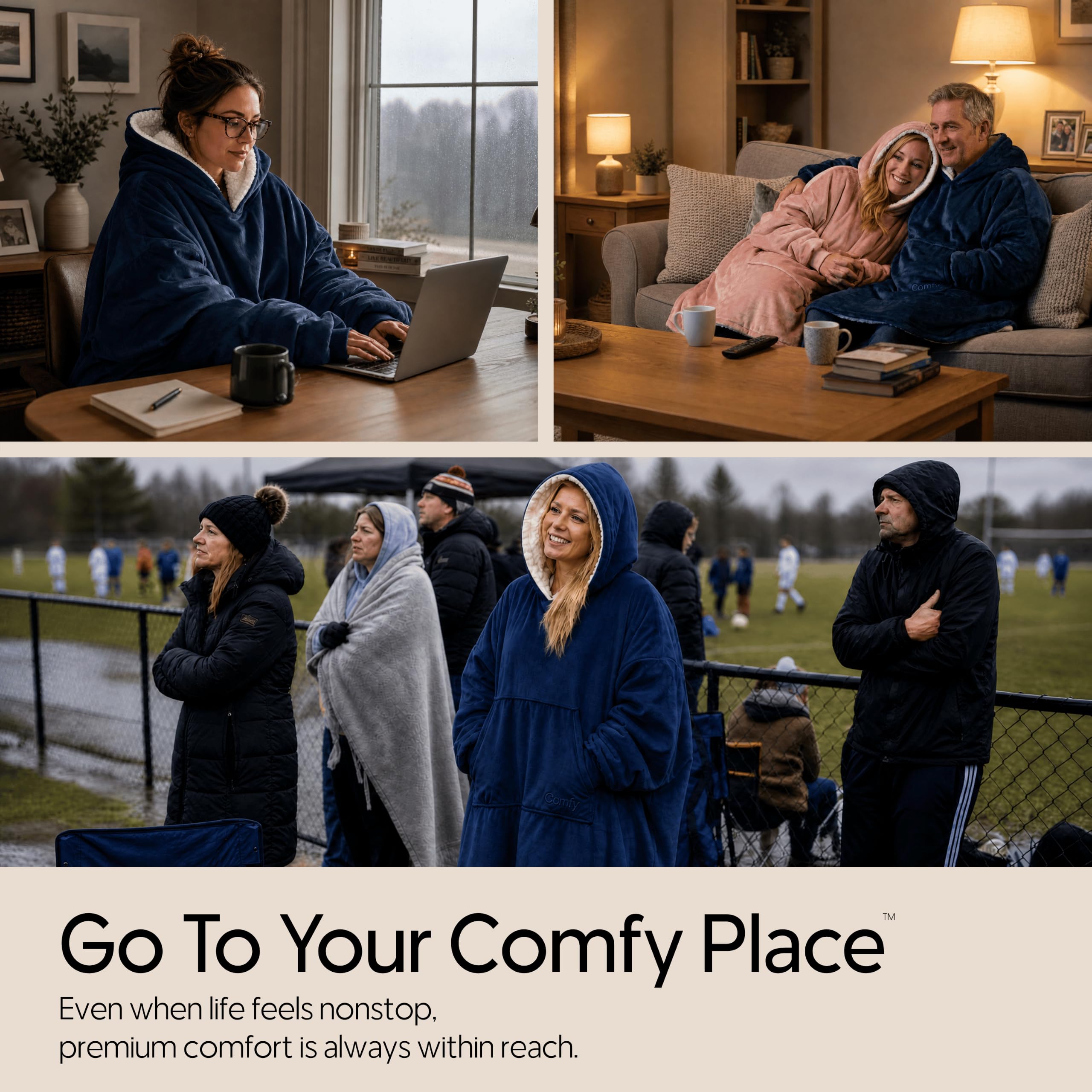 THE COMFY giant pocket holding phone and snacks for convenience