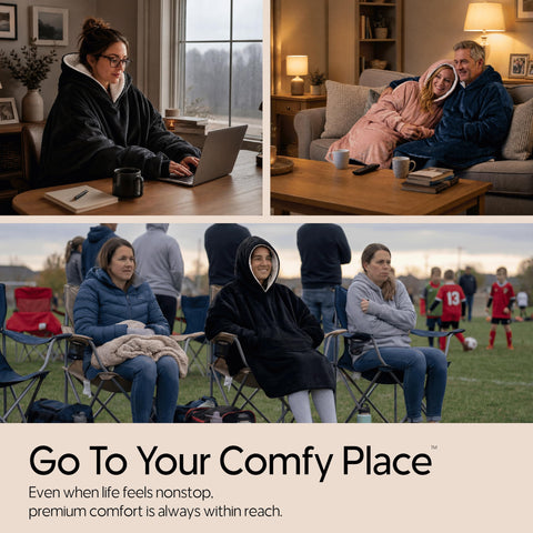 THE COMFY hood and giant pocket detail highlighting secure head warmth and storage convenience