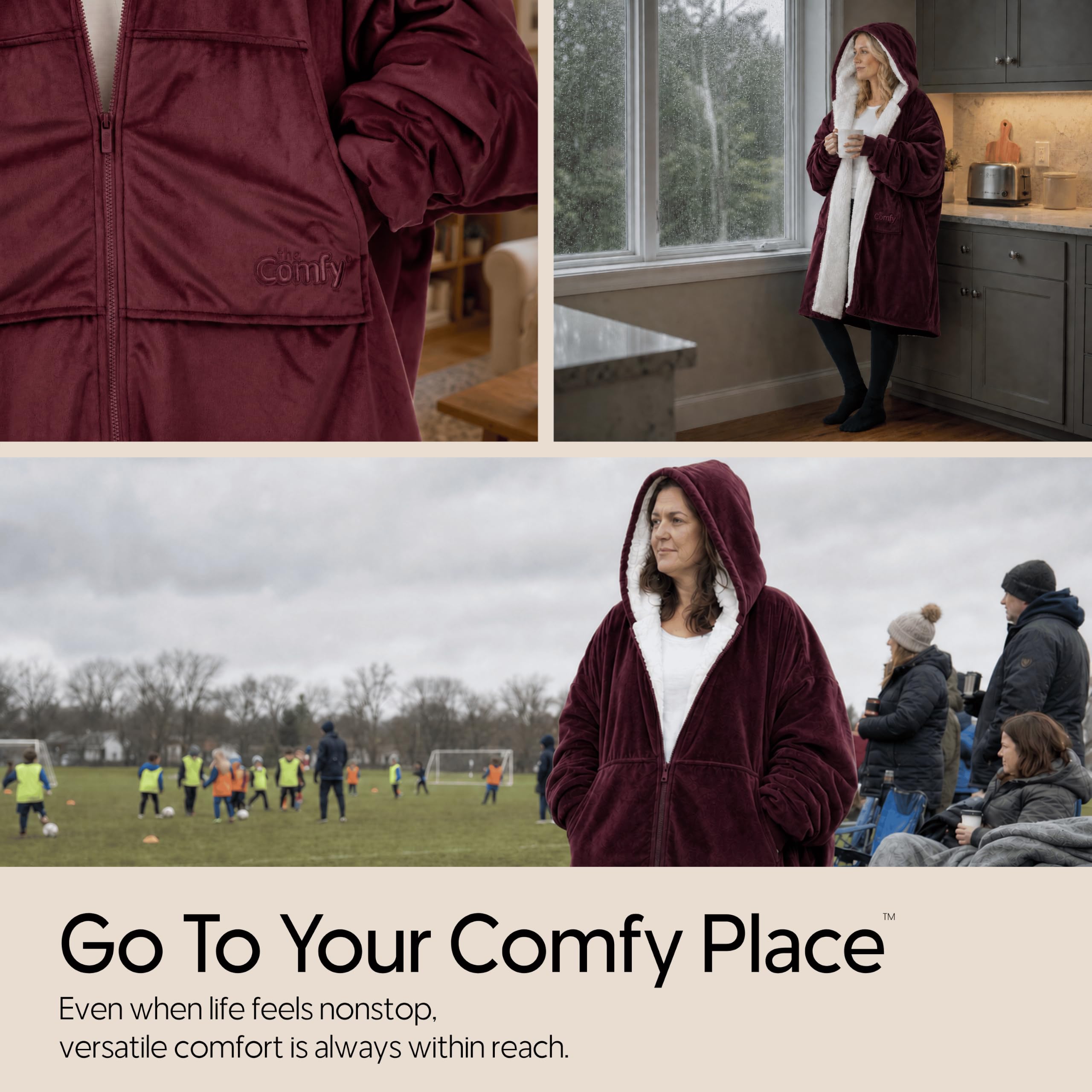 THE COMFY hood detail showing roomy coverage and head warmth for cold nights