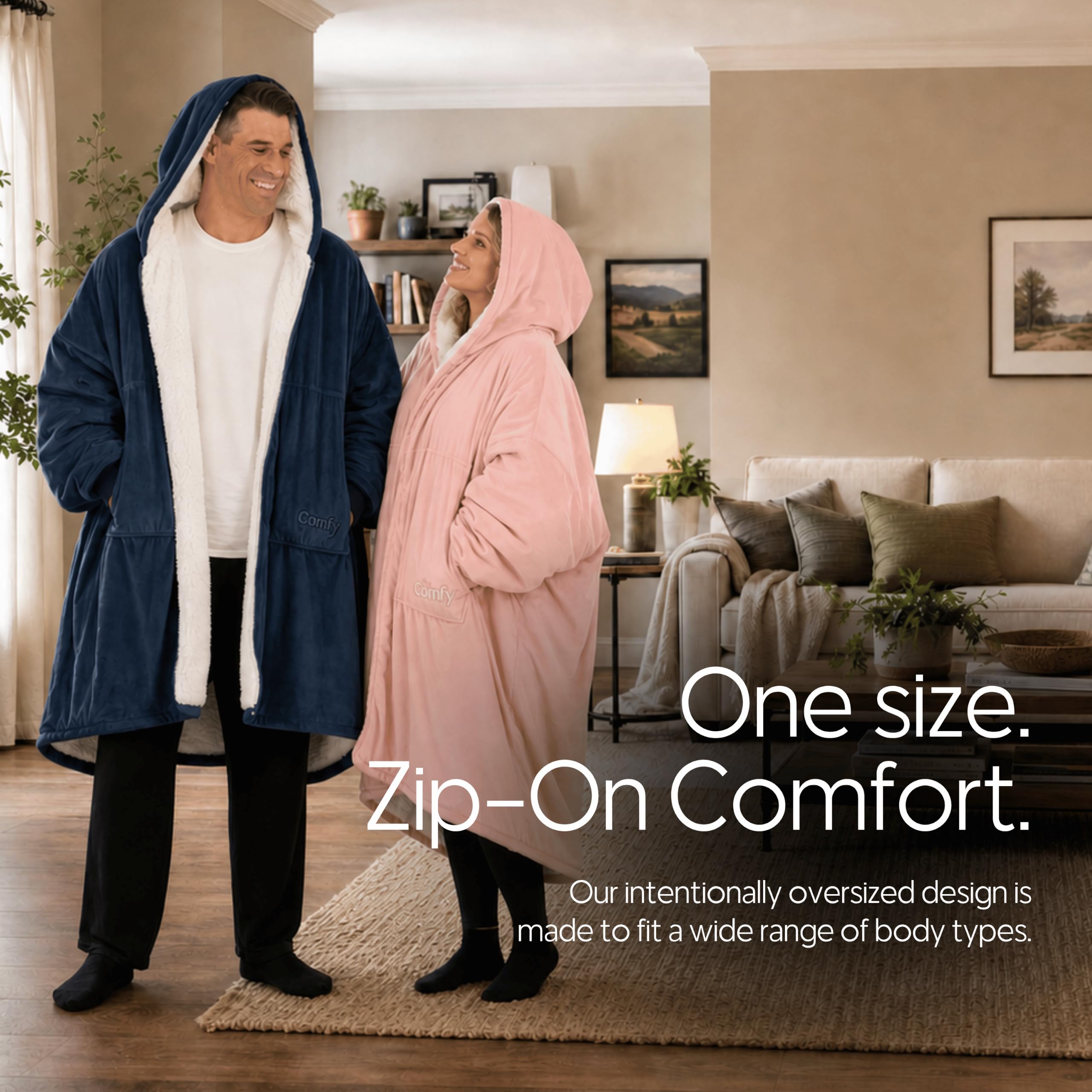 THE COMFY worn on a couch demonstrating relaxed mobility and hands-free warmth
