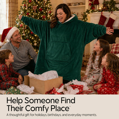 THE COMFY gift-wrapped in lifestyle scene showing ready-to-give comfort