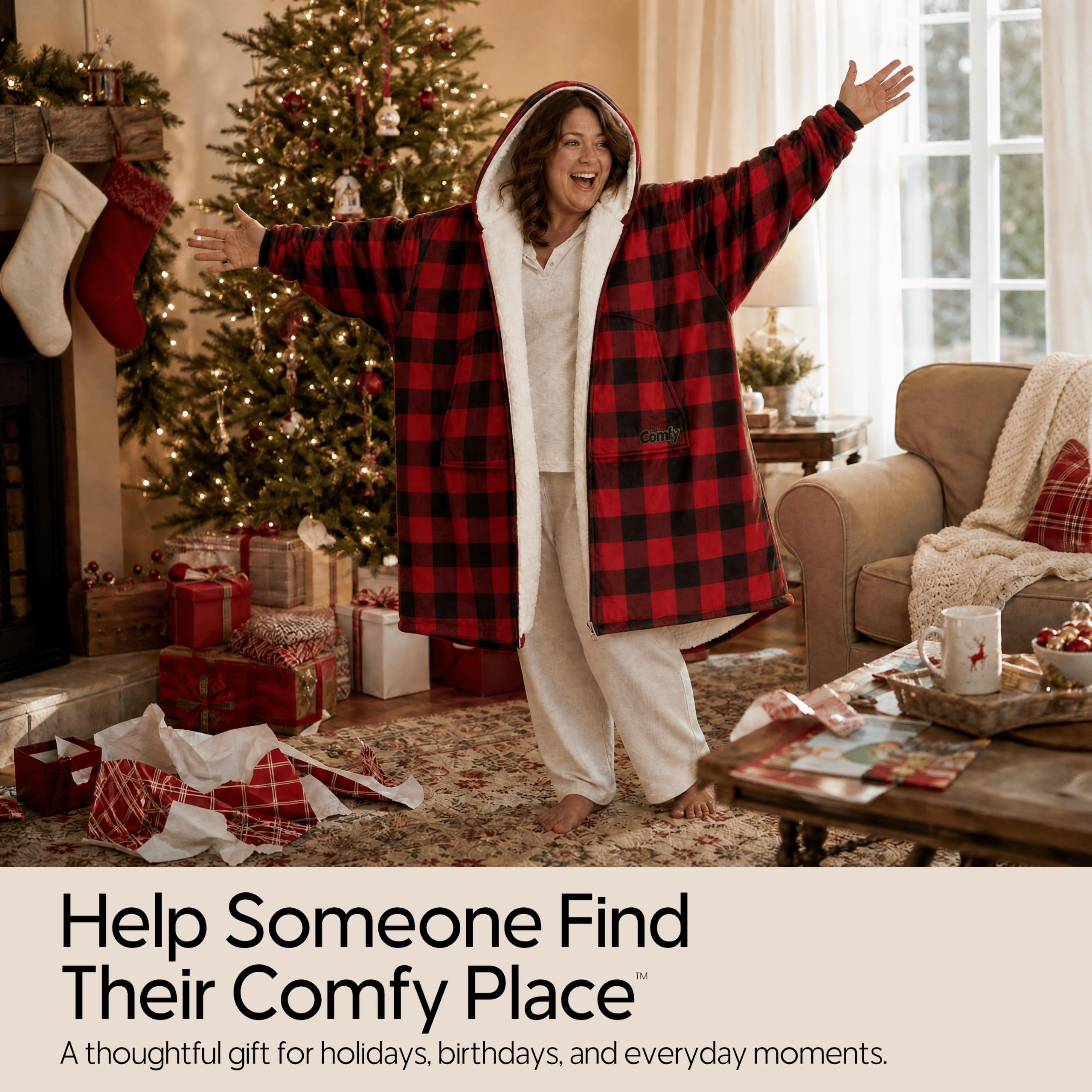 THE COMFY lifestyle scene watching TV demonstrating relaxed wearable warmth