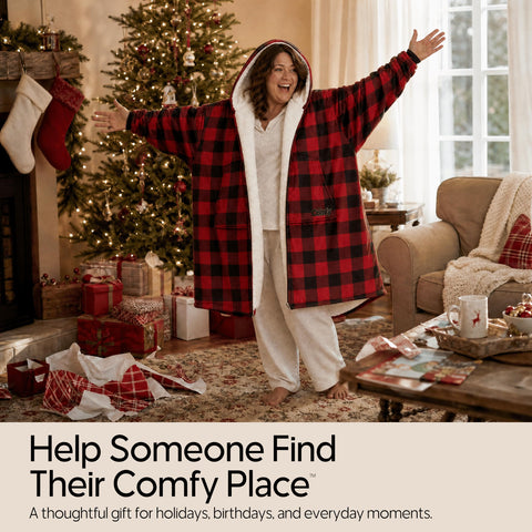 THE COMFY lifestyle scene watching TV demonstrating relaxed wearable warmth