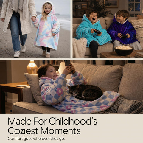 THE COMFY kid wearing Original Jr on couch showing hands-free comfort